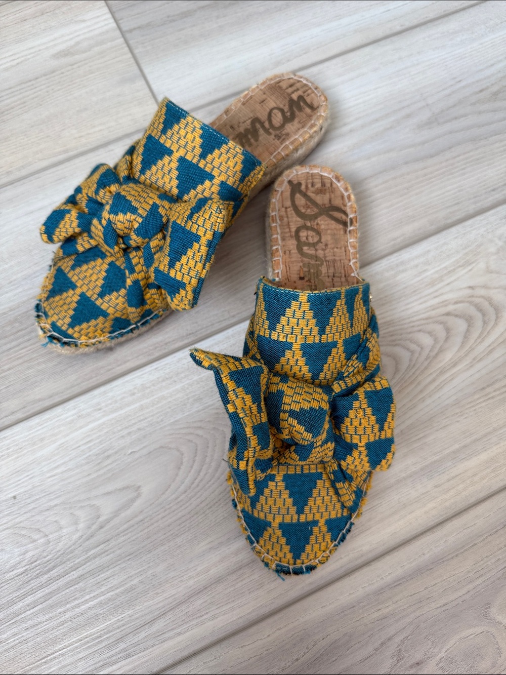 Sam Edelman Teal & Mustard Woven Bow Slide Mules